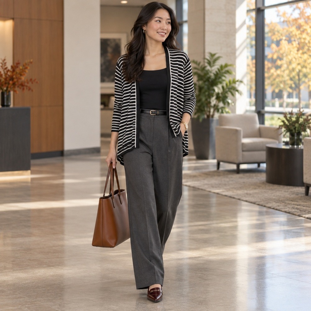 Womens Med Black White Striped Open Front Cardigan Office Core Business Causal